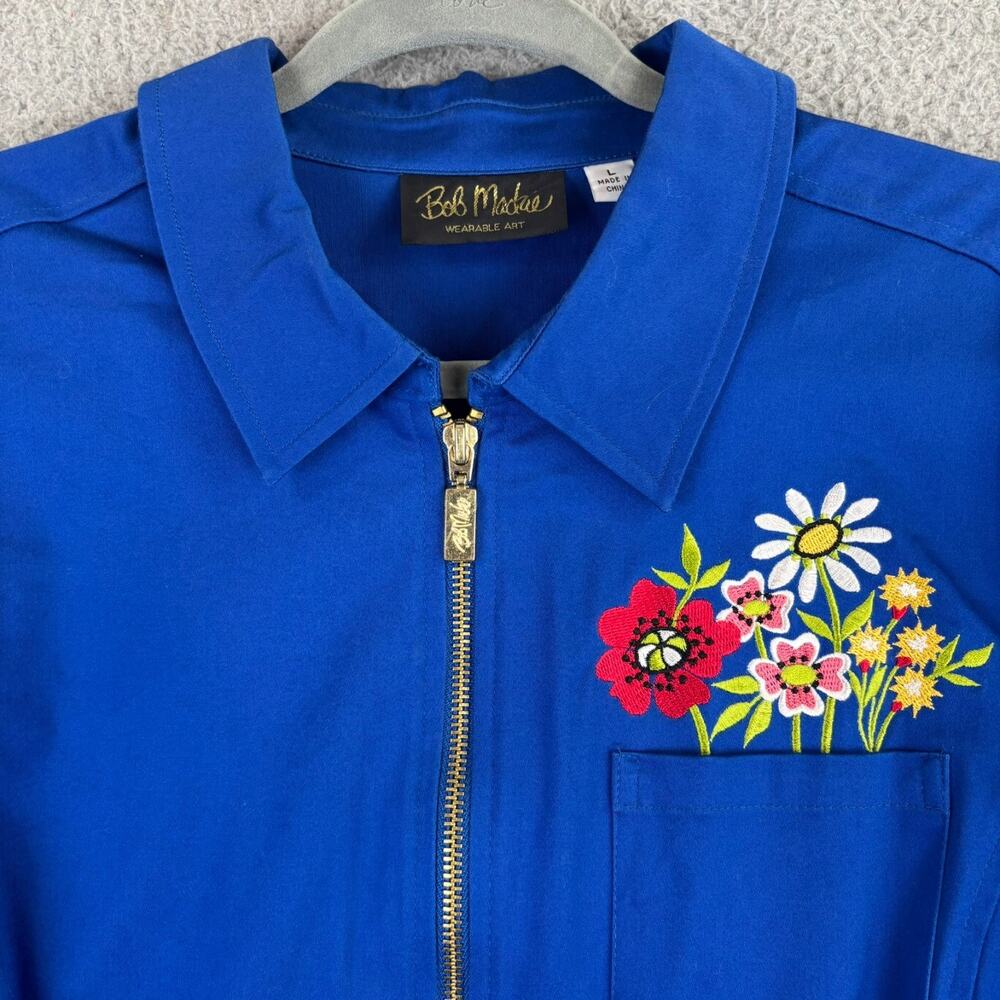 BOB MACKIE Jacket Large Artsy Embroidered Floral Full Zip Pocket Lightweight - Picture 1 of 11